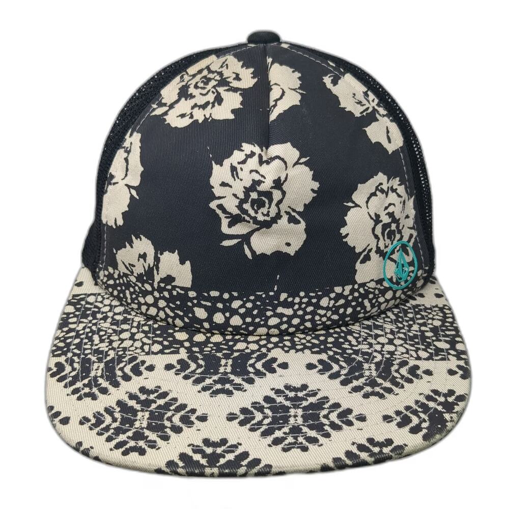 Volcom Trucker Hat Black White OSFM Floral Print Geometric Pattern Mesh Snapback